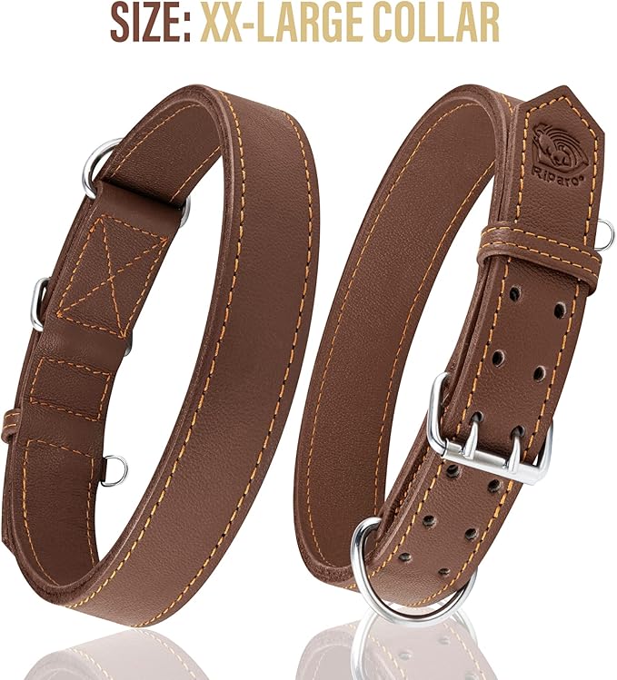 Riparo Dog Collar - Genuine Leather Dog Collars - Heavy Duty Dog Collar for Medium Large and Extra Large Dog Breeds (XL: 1.5” Wide for 22” - 26” Neck, Brown)
