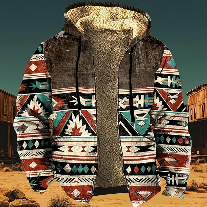Men's Zip Up Jackets Western Style Ethnic Hoodie Hooded Vintage Long Sleeve Warm Coat Winter Outfits