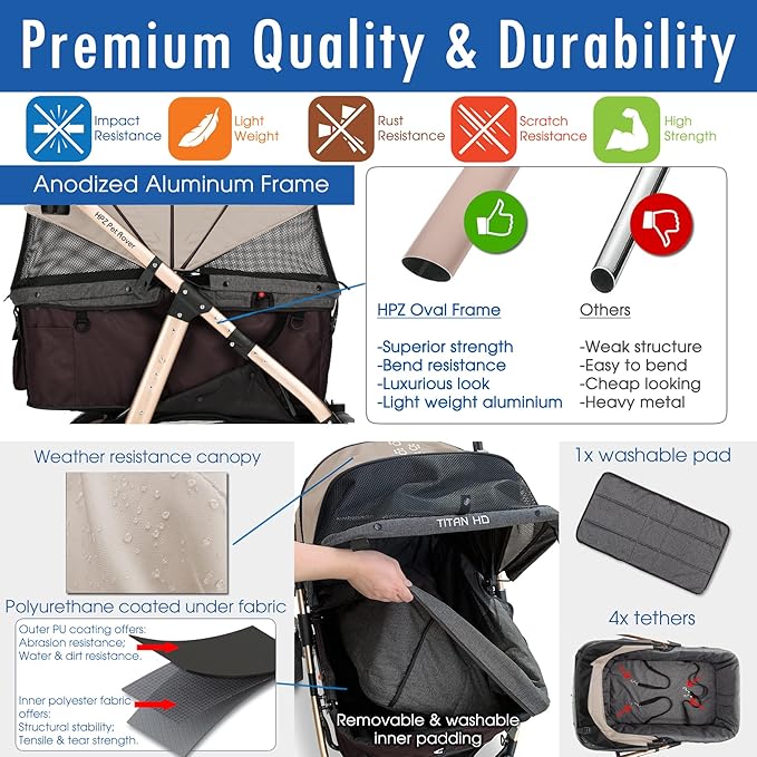 HPZ Pet Rover Titan-HD Premium Super-Sized Dog/Cat/Pet Stroller SUV Travel Carriage/w Access Ramp/100Lbs Capacity/Pumpless Rubber Wheels/Aluminum Frame for Small, Med, Large, XL Pets (Taupe)