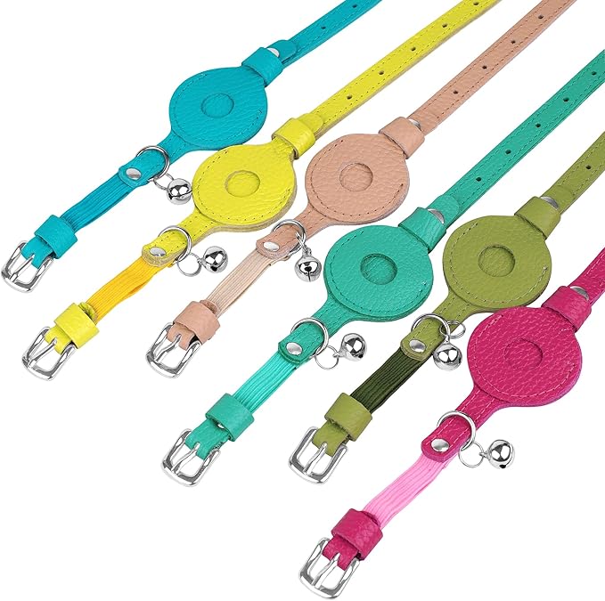 OOPSDOGGY Cat Collar for AirTag Holder, Leather Kitten Collars with Elastic Strap & Bell, Non Breakaway Adjustable Small Pet Collars for Indoor & Outdoor for Boy, Girl (Pink)