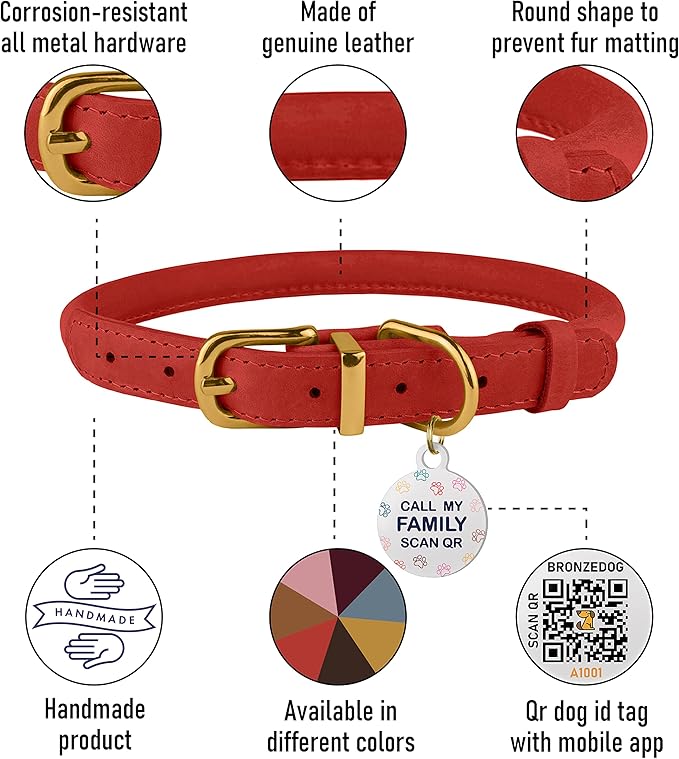 BronzeDog Rolled Leather Dog Collar with QR ID Tag, Adjustable Soft Round Collars for Small Medium Large Dogs Puppy (14" - 16" Neck Size, Classic Red)