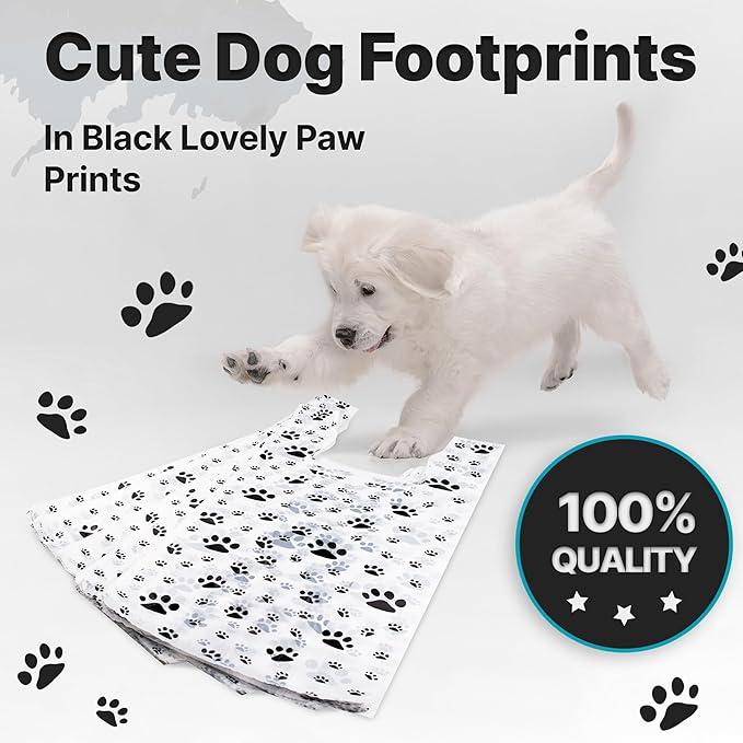 T-Shirt Bags – Paw Print Design - 50 Pack - Thank You & Shopping Bags - Cat or Dog - 22" L x 12" W x 7" Plastic (White, 50)