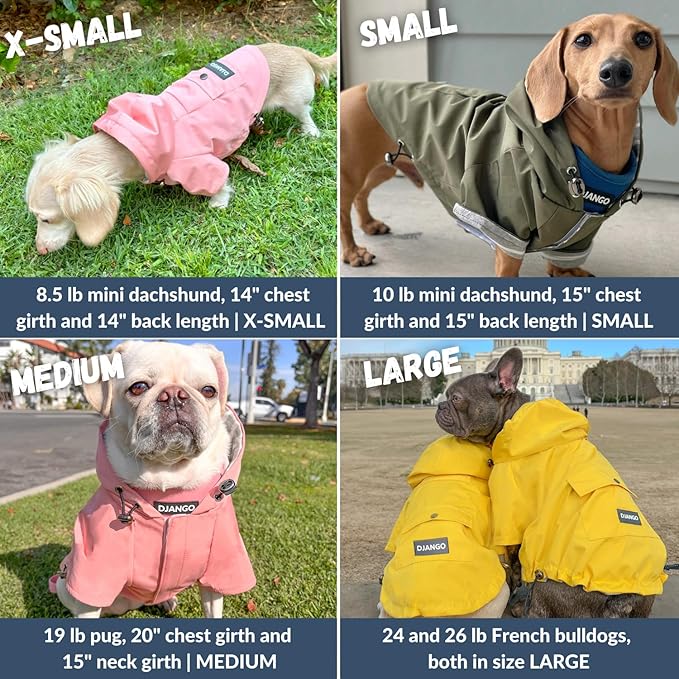 DJANGO Highland Dog Jacket & Raincoat – Water-Repellent, Lined Dog Coat with Hood, Adjustable Fit & Harness Hole – Lightweight Rain & Wind Jacket for Small & Medium Dogs up to 30 lbs (Olive, Medium)