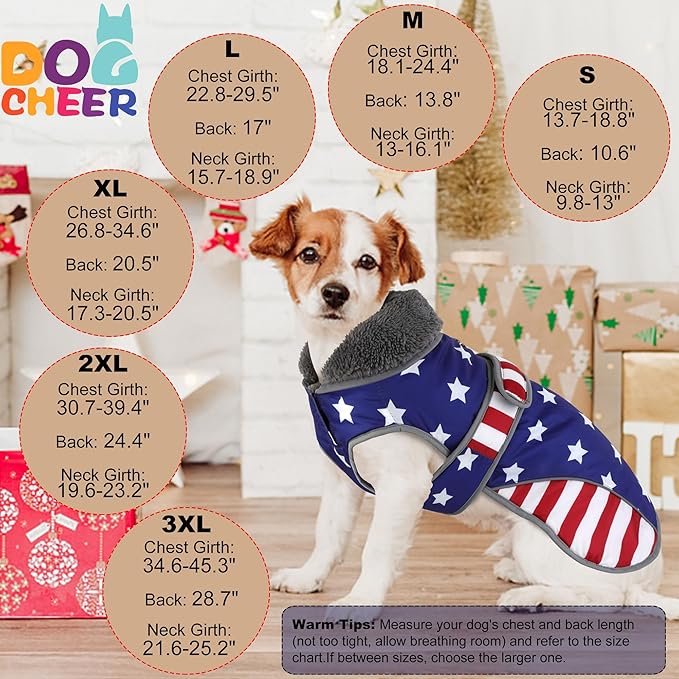 Dogcheer Dog Coat, American Flag Dog Jacket Waterproof Puppy Winter Coat for Cold Weather, Reflective Adjustable Pet Snow Jacket Fleece Sweater for Small Medium Large Dogs - USA Flag, 3XL