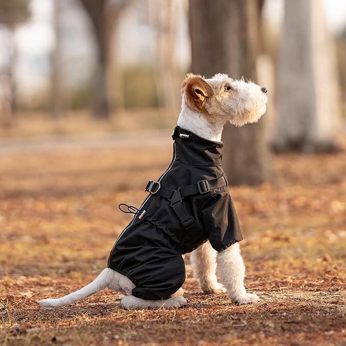 Mile High Life Waterproof Dog Raincoat, Full Coverage Small Dog Rain Coat with Harness, Adjustable 4 Legs Puppy Rain Jacket with Reflective Strip and Elastic Cuffs (Black, L Back Length 16.1")