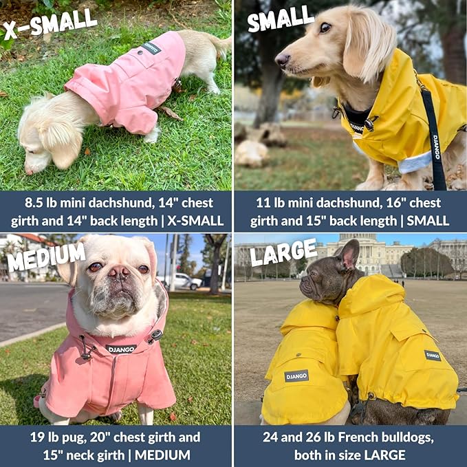 DJANGO Highland Dog Jacket & Raincoat – Water-Repellent, Lined Dog Coat with Hood, Adjustable Fit & Harness Hole – Lightweight Rain & Wind Jacket for Small & Medium Dogs up to 30 lbs (Yellow, Small)