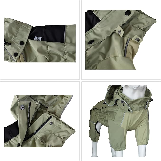 LOVELONGLONG Waterproof Dog Raincoat with Removable Hood – Outdoor Full Body Dog Jacket, Windproof Snowproof Shell Suit – All Season Pet Rain Gear Sage Green M