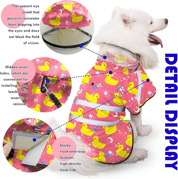Dog Raincoat, Adjustable Rain Jacket with Hooded Double Layer for Large Medium Small Dogs Puppies, Lightweight Waterproof Rain Coat Poncho with Reflective Stripe Duck Pink,XXL