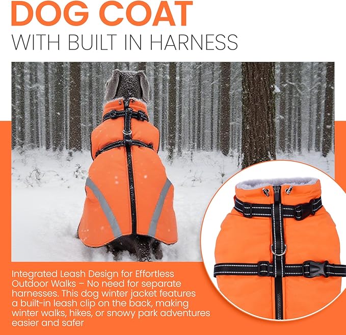 QBLEEV Large Dog Coat, Big Dog Winter Jacket for Large Dogs, XXX-Large Waterproof Cold Weather Snow Vest with Zip & Reflective, Windproof Built-in Harness Warm Fleece Snowsuit Clothes, Orange, XXXL