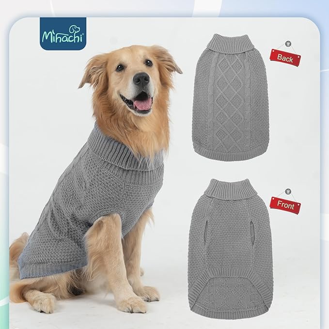 Mihachi Turtleneck Dog Sweater - Winter Coat Apparel Classic Cable Knit Clothes with Leash Hole for Cold Weather, Ideal Gift for Pet in New Year Grey SM