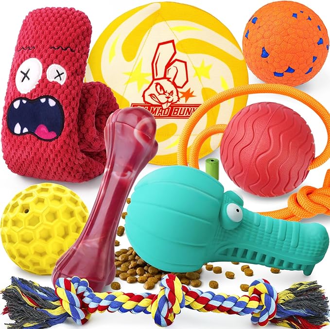 Heavy Duty Various Dog Chew Toys for Aggressive Chewers, 9 Pack Indestructible Large Dog Toys Include Tug Chew & Rope Toys, Squeaky Toys for Medium & Large Breed (For Super Chewers-Crocodile)