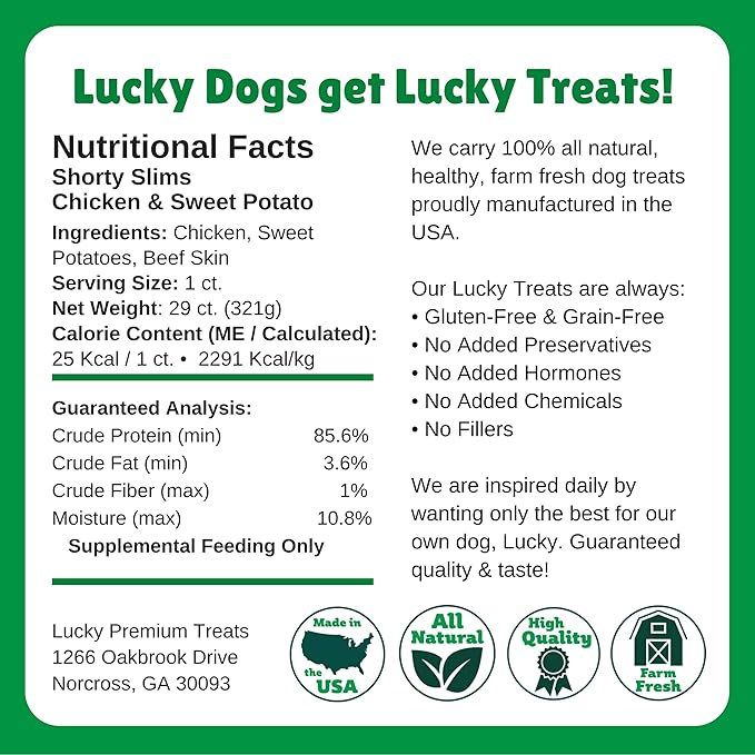 Lucky Premium Treats Lucky Shorty Slims - Sweet Potato and Chicken Jerky Dog Treats, Crunchy Dog Chew Sticks with Real Chicken and Sweet Potato for Small to Large Dogs (29 Count)