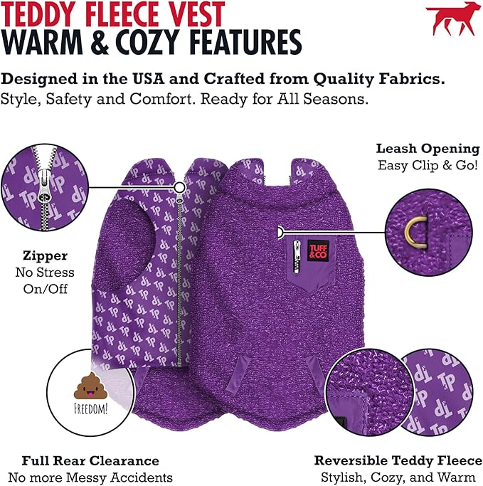 Tuff Pupper Reversible Fleece Sweater Vest for Dogs | Lightweight Comfortable Insulated Jacket | Front Zip Closure | Machine Washable | Built-in Leash Hole | Sizes for All Breeds (XL, Purple)