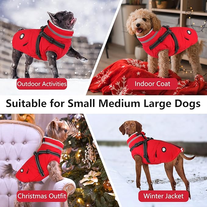 Dogcheer Dog Coat with Harness, Waterproof Dog Jacket, Christmas Puppy Winter Coat with Pocket, Reflective Doggy Turtleneck Puffer Vest for Small Medium Large Dogs - Red, 3XL