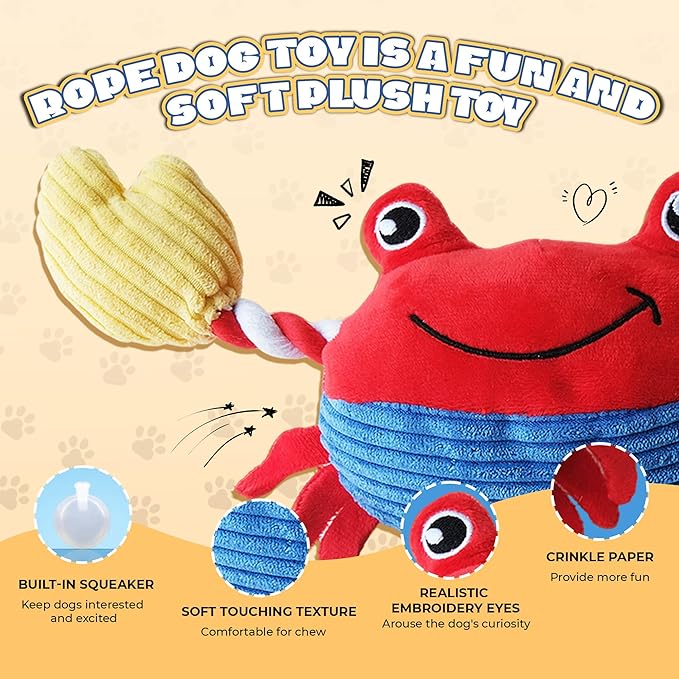 Squeak Plush Dog Toys for Small & Medium Breeds, Chew Rope to Keep Them Busy for Puppy Teething Chewing, Interactive Indoor/Outdoor Play, Best Pet Gift, Crab