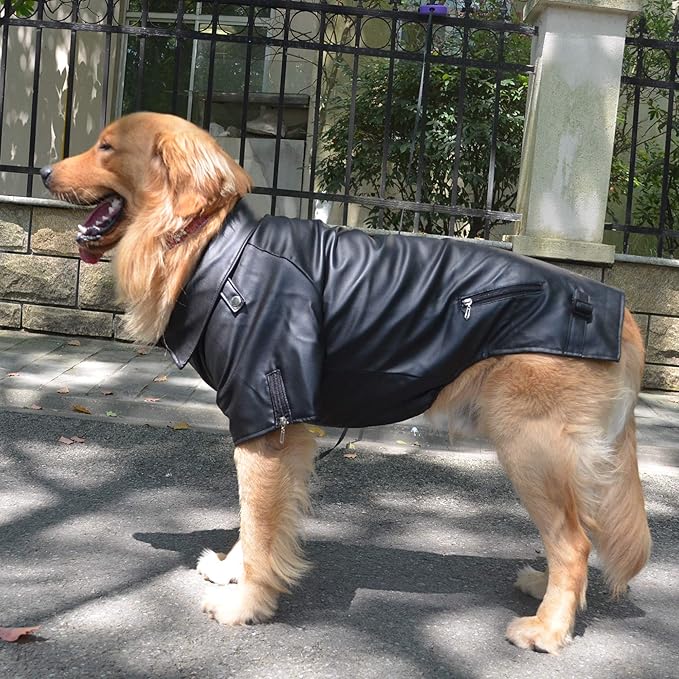Lovelonglong Cool Dog Leather Jacket, Warm Coats Dogs Windproof Cold Weather Coats for Large Medium Small Dogs, Labrador Golden Retriever Clothing Black L-L
