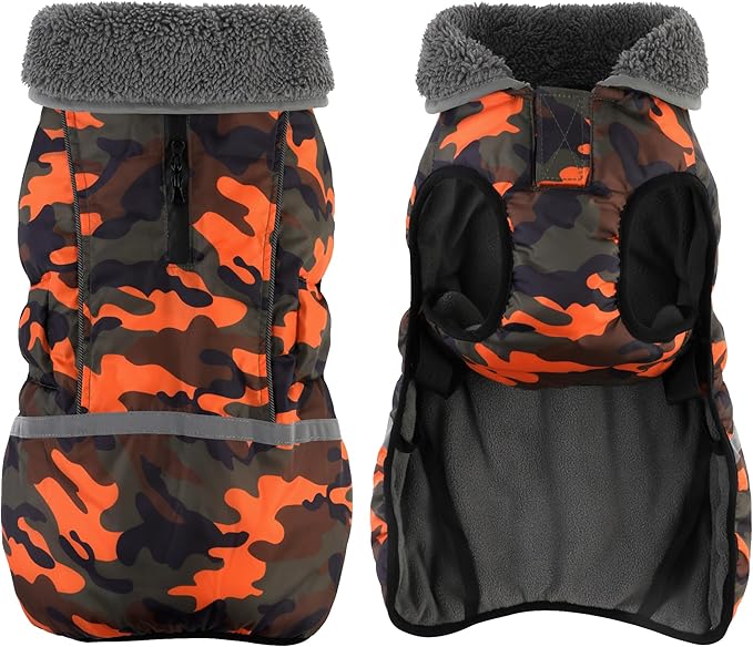 Dogcheer Warm Dog Coat, Waterproof Dog Jacket Christmas Puppy Winter Coat with Buckle, Reflective Adjustable Pet Snow Jacket Turtleneck Fleece Sweater for Small Medium Large Dogs - Orange Camo, S