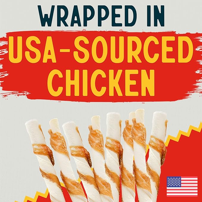 Canine Chews Chicken-Wrapped Rawhide Twists for Dogs - Pack of 90 U.S.A. Sourced Chicken Wrapped Rawhide Dog Treats, Sticks for Dogs - Premium & Natural Beefhide Chews