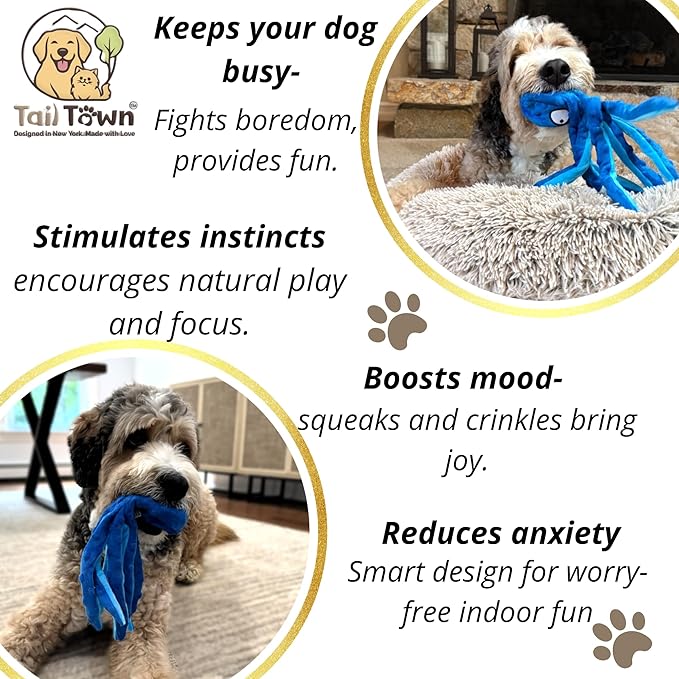 Orange Octopus Dog Toy – Squeaky & Crinkle Plush – Durable No Stuffing Chew Toy for Small Medium Large Dogs Puppies & Seniors – Interactive Safe Soft Toy for Tug Fetch Play – Tail Town