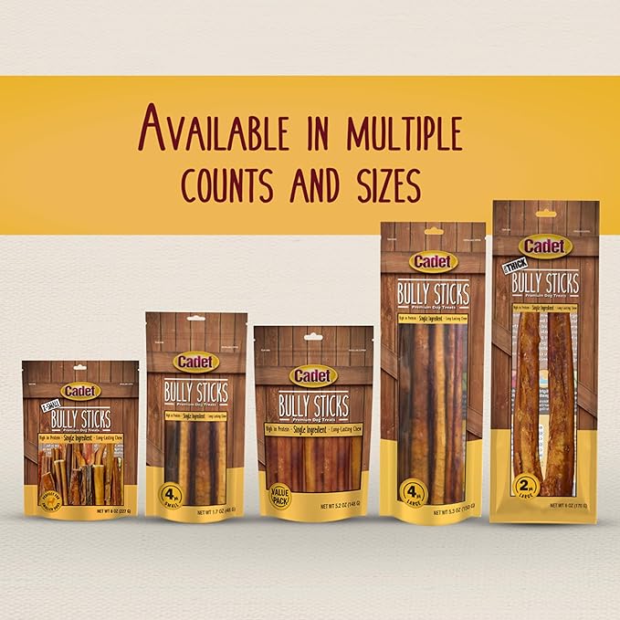 Cadet Bully Sticks for Small Dogs – All-Natural Beef Pizzle, High Protein, Low Fat, Long-Lasting, Grain & Rawhide-Free Dog Chews for Aggressive Chewers, Small (6 Ounce)