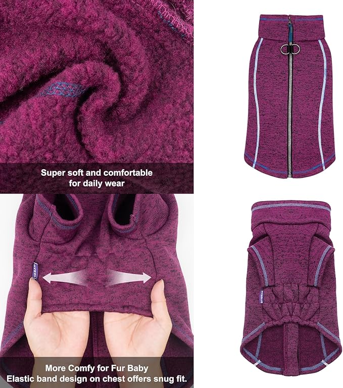 cyeollo Warm Dog Sweater with Zipper, Doggy Reflective Highneck Jackets with D Ring Step in Dog Winter Coats Fleece Female Stretchy Dogs Sweaters Pet Clothes for Small Dogs, Purple M