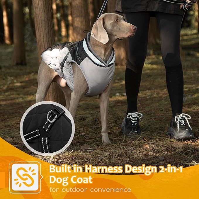 Dog Winter Coat with Harness, Dog Jacket, Pet Clothes with Zipper on Back, Waterproof Windproof Warm Vest, Reflective Cold Weather Coats, for Small Medium Large Dogs, Thick, Black, S