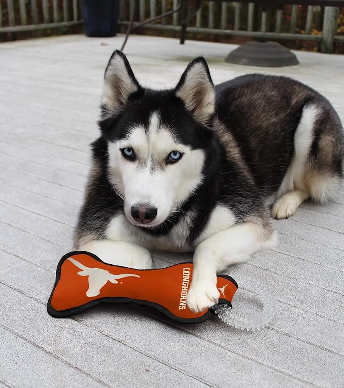 Pets First NCAA Texas Longhorns Dental Dog TUG Toy with Squeaker. Tough PET Toy for Healthy Fun, Teething & Cleaning Pets Teeth & Gum