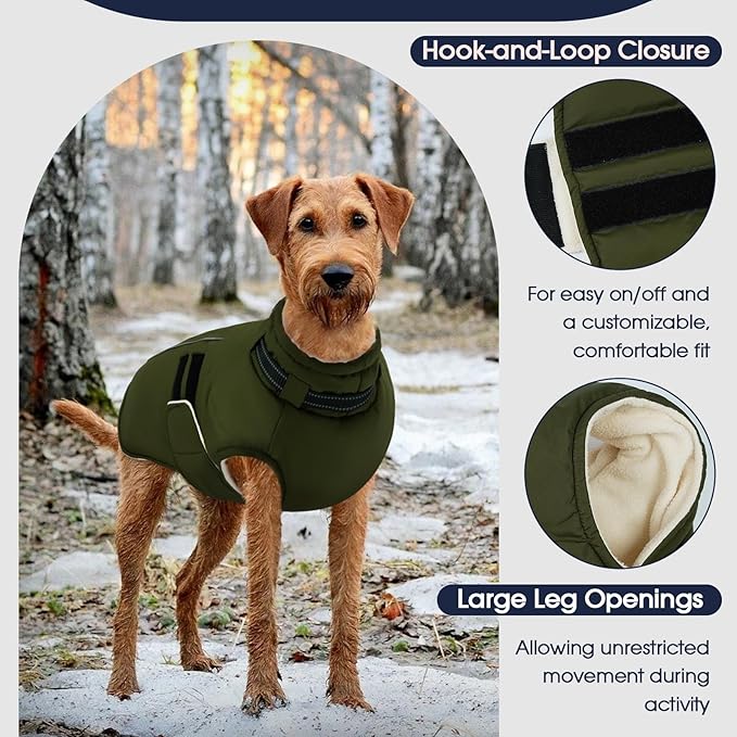 IECOii Winter Dog Coats for Large Dogs, Dog Snow Jacket with Built in Collar & Reflective Strips, Warm Windproof Fleece Dogs Jacket for Cold Weather, Adjustable Easy On Pet Snowsuit, Army Green - XL