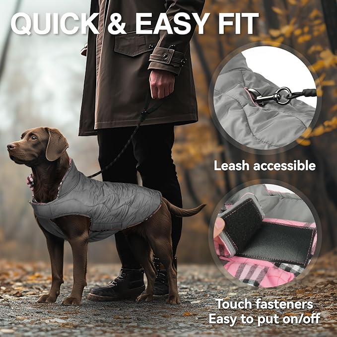 VIVAGLORY Softjoy Dog Coat, Dog Jacket for Winter & Christmas, Coat with Harness Hole & Velcro Closure, Reversible Plaid Checkered Warm Fluffy Heavy Duty for Puppy, M, Pink
