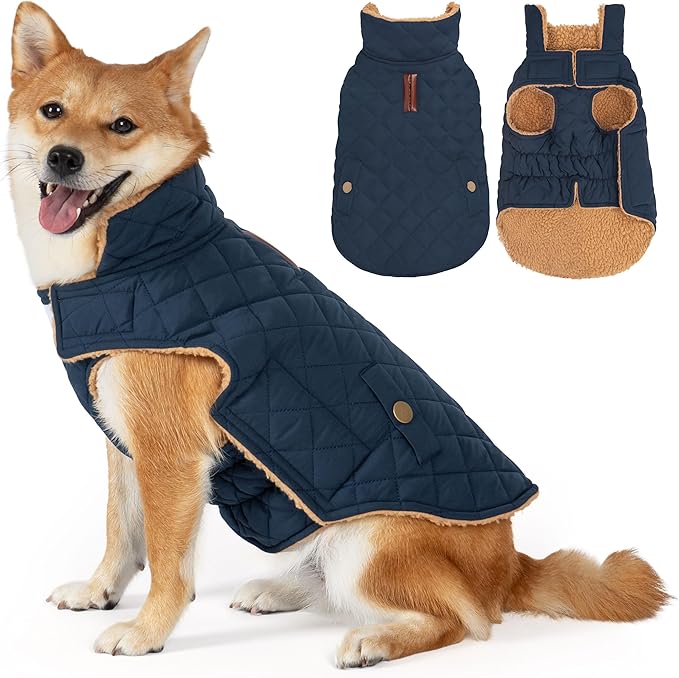 Dog Coat, Warm Soft Dog Winter Coats for Small Dogs, Waterproof Windproof Dogs Adjustable Jacket with Fleece Lined Turtleneck Doggy Snowsuit with Leash Hole, Navy Large