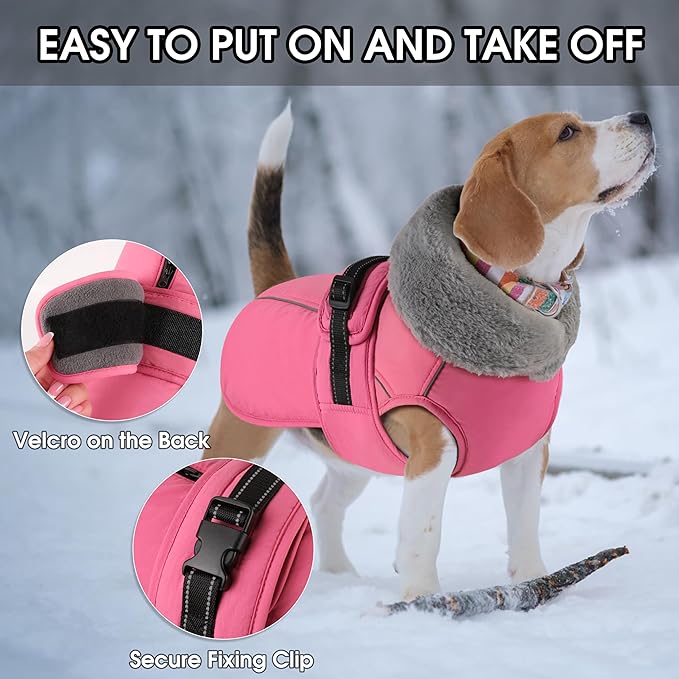 PETDSH Dog Coat Large, Windproof Dog Jacket with Warm Fleece Lining, Thickened Collar Dogs Winter Coat, Adjustable Reflective Pet Coats for Cold Weather (Pink, X-Large)