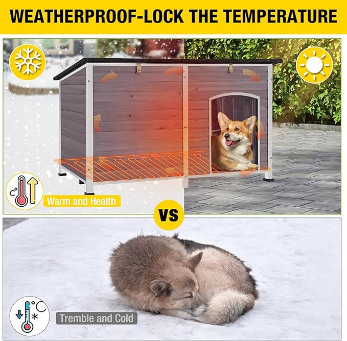 Heated Dog House with Electric Heating Pad Extra Large 59.1" Outdoor & Indoor Dog Kennl with Insulated Liner Keep Warm in Winter, Waterproof Pet Shelter, Strong Metal Frame，35.4"D x 59.1"W x 35.4"H