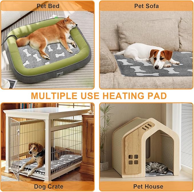 Bestio Pet Heating Pad 22x 18 in Waterproof Heated Cat Bed Adjustable Thermostat Normally ON Function Metal Protective Tubing with a Plush Cotton Cover - Gray