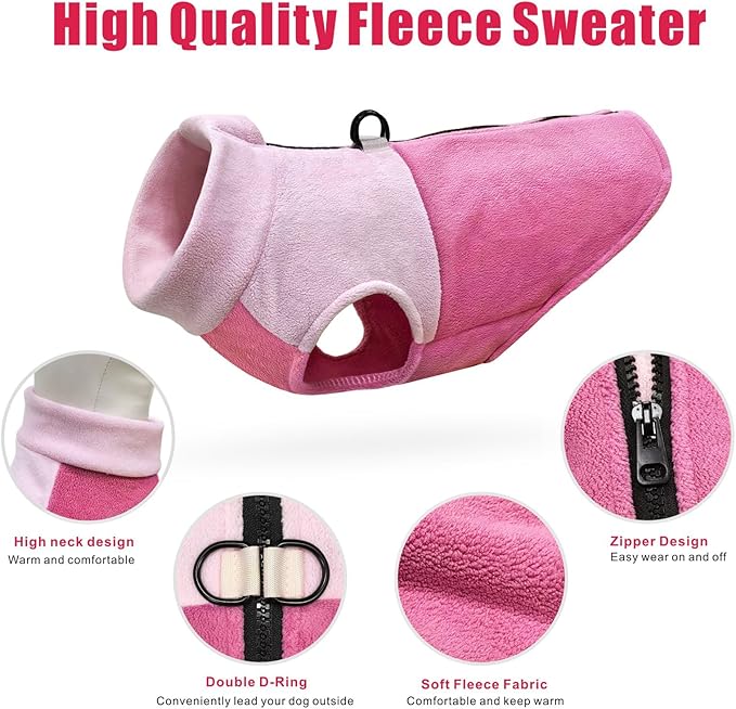 Idepet Dog Fleece Vest Sweater Zip Up Warm Pullover Dogs Jacket with D-Ring Leash Winter Cold Weater Coat Pet Sweatershirt Clothes Hoodie for Small Medium Dogs Boy Girl (Pink/Rose Red, M)
