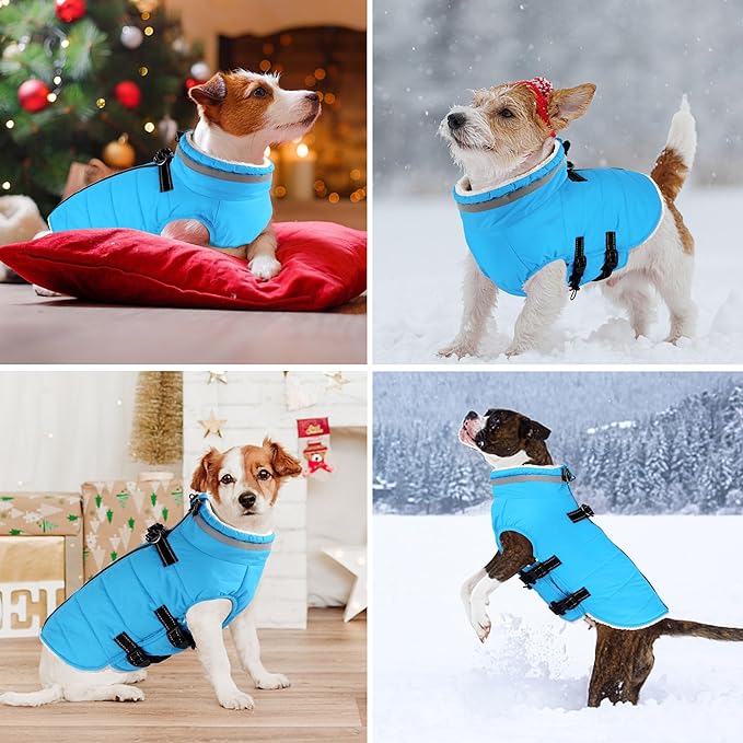 Dogcheer Dog Coat with Harness, Waterproof Dog Jacket Adjustable Pet Winter Coat with Zipper, Christmas Puppy Snow Jacket Fleece Sweater for Small Medium Large Dogs - Sky Blue L