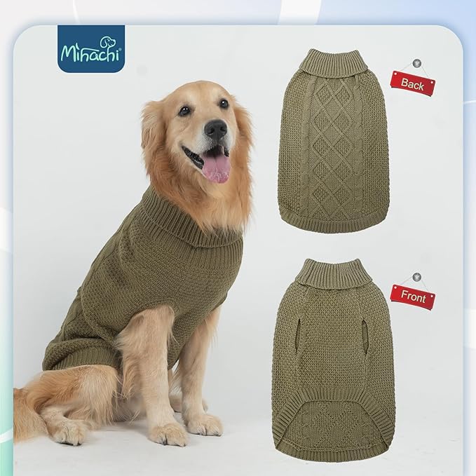 Mihachi Turtleneck Dog Sweater - Winter Coat Apparel Classic Cable Knit Clothes with Leash Hole for Cold Weather, Ideal Gift for Pet in New Year Army Green New XS