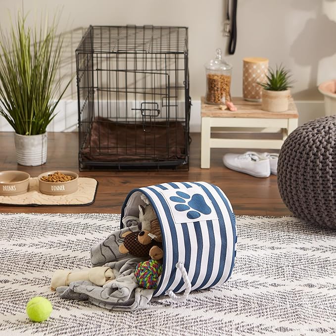 Bone Dry Pet Storage Collection Striped Paw Patch Bin, Small Round, Navy