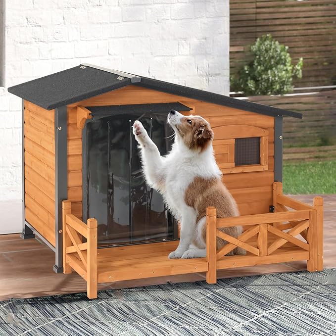Dog House for Outdoor Use with Matel Frame, Waterproof Design- All-Weather Wooden Kennel with Sliding Window & Metal Frame (Wood, L)