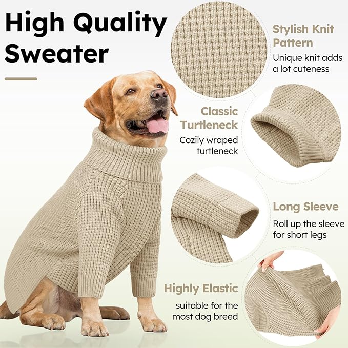 Queenmore Large Dog Sweater, Plaid Dog Sweaters for Large Dogs, Turtleneck Pet KintSweater with Check Pattern, Long Sleeve Holiday Pet Knitwear, Solid, Apricot L
