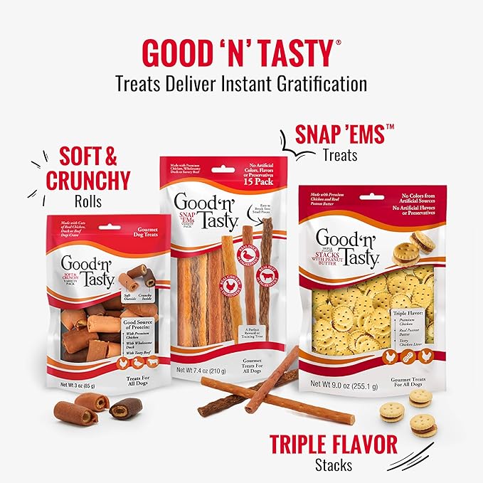 Good 'n' Tasty Triple Flavor Puree Mix-Ins Dog Food Topper Treats for All Dogs, 28 Count, Easy Single-Serve Portions, Added Protein with Tuna, Chicken and Duck