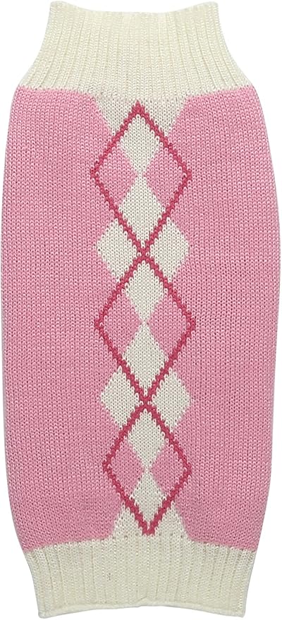 Pink Argyle Knit Dog Sweater for Girl, Pet Clothes for Dog Coat Sweatshirt Large (L) Girth 18-20"