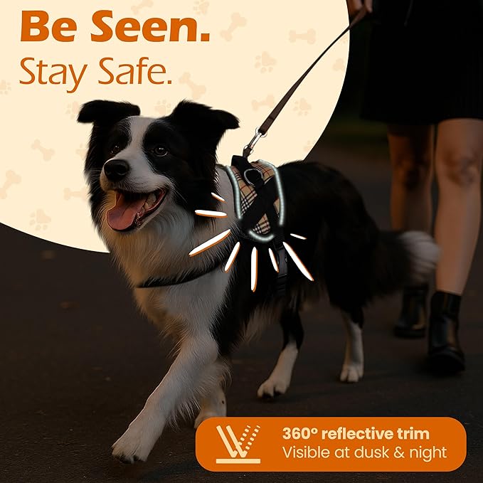 Bark Appeal Tan Plaid No-Pull Dog Harness for Medium to Large Sized Pets – Adjustable, Reflective Vest with 3 Leash Clips for Added Control, Easy Walks & Training – Large