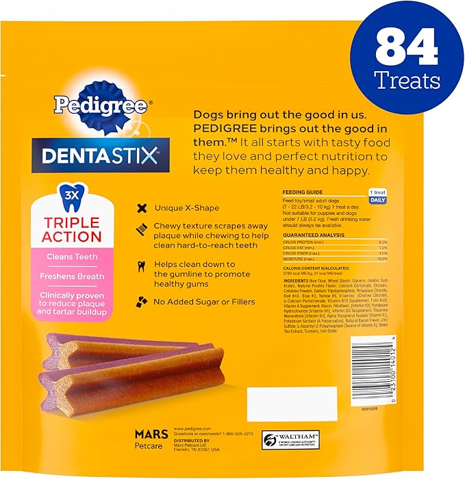 Pedigree Dentastix Dual Flavor Small Breed Dog Treats, Bacon & Chicken, 17.78 oz. Bag (84 Treats)