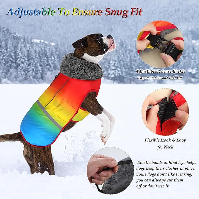 Dogcheer Warm Dog Coat, Waterproof Dog Winter Jacket Christmas Puppy Cold Weather Coats with Buckle, Reflective Adjustable Pet Snow Jacket for Small Medium Large Dogs - Gradient Red-Yellow, 3XL