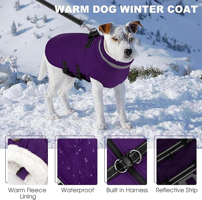 Large Dog Coat with Harness Built-in, Waterproof Reflective Fleece Lined - Warm Windproof Winter Jacket with Back Zipper, Cold Weather Snow Dog Coats - Purple - 3XL