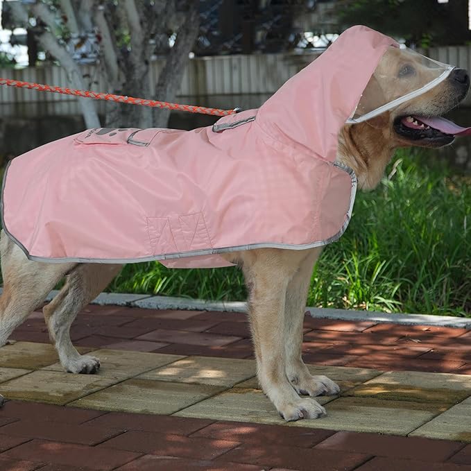 MAMORE Dog Raincoat Reversible,Waterproof Dog Rain Coat Hooded Slicker Poncho with Reflective Strip, Plaid Double Layer Rain Jacket for Small Medium Large Dogs (Pink, Large)