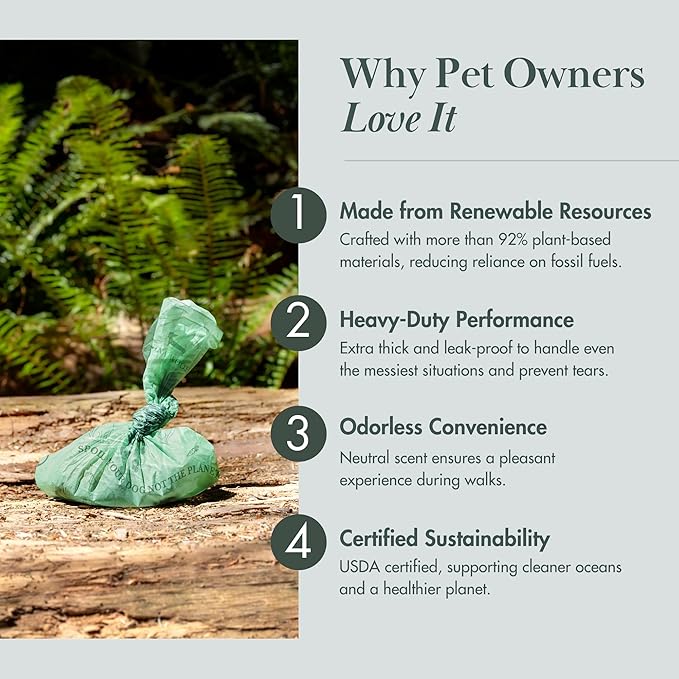 Nina Woof Eco-Friendly 92% Plant-Based Dog Poop Bags Rolls -90 Extra Thick, Durable, Leak-Proof, Odorless, Convenient Disposal - USDA Certified, Heavy-Duty Trash Bags and Garbage Bags
