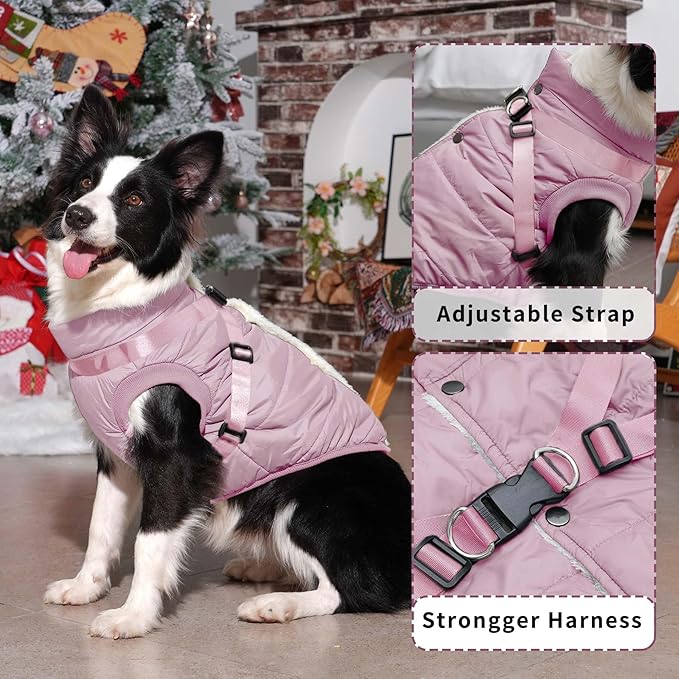 Dog Jacket with Harness,Fleece Lined Warm Puppy Coat for Winter,Soft Windproof Large Dog Vest,Light Pink XXL