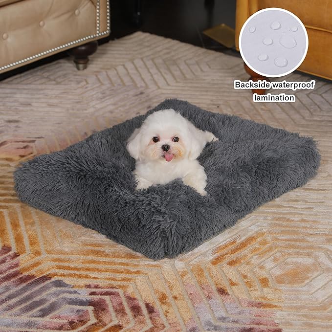 Bedfolks Waterproof Dog Crate Bed, Plush Pad With Removable Cover, Faux Fur for Small Dogs and Cats, Fluffy Washable Kennel Bed 17"x12", Solid Dark Grey
