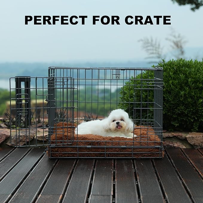 Bedfolks Waterproof Dog Crate Pad, Plush Dog Kennel Bed with Removable Cover, Faux Fur, Washable, 23"x18", Solid Brown